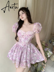 Aiertu Retro Chic Floral Dress Women's Summer Square Collar Dresses High Waist Short Sleeved A-line Party Slim Mini Dress Vestidos Aiertu