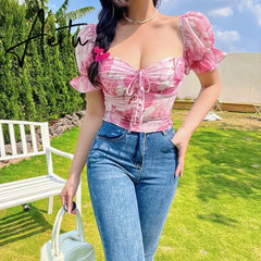 Aiertu Retro Flower Printed Top Summer New Women's Sexy Chiffon T-shirt Corset Club Party Short Sleeve Crop Top Clothes Aiertu