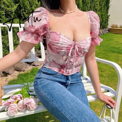 Aiertu Retro Flower Printed Top Summer New Women's Sexy Chiffon T-shirt Corset Club Party Short Sleeve Crop Top Clothes Aiertu