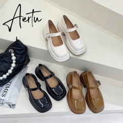 Aiertu Retro Mary Janes Leather Pumps Med Heel Square Toe Buckle Sandals Summer Autumn Fashion Women Shoes Heels 4 cm Aiertu