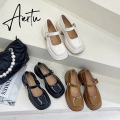 Aiertu Retro Mary Janes Leather Pumps Med Heel Square Toe Buckle Sandals Summer Autumn Fashion Women Shoes Heels 4 cm Aiertu