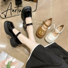 Aiertu Retro Mary Janes Leather Pumps Med Heel Square Toe Buckle Sandals Summer Autumn Fashion Women Shoes Heels 4 cm Aiertu