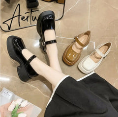 Aiertu Retro Mary Janes Leather Pumps Med Heel Square Toe Buckle Sandals Summer Autumn Fashion Women Shoes Heels 4 cm Aiertu