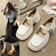 Aiertu Retro Mary Janes Leather Pumps Med Heel Square Toe Buckle Sandals Summer Autumn Fashion Women Shoes Heels 4 cm Aiertu