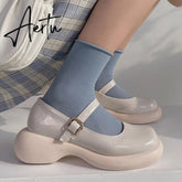 Aiertu Retro Mary Janes Leather Pumps Med Heel Square Toe Buckle Sandals Summer Autumn Fashion Women Shoes Heels 4 cm Aiertu