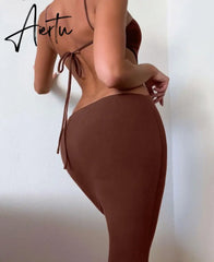 Aiertu Ribbed Halter Hollow Out Backless Skinny Maxi Dress Bodycon Sexy Streetwear Evening Party Club Elegant Clothing Aiertu