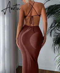 Aiertu Ribbed Halter Hollow Out Backless Skinny Maxi Dress Bodycon Sexy Streetwear Evening Party Club Elegant Clothing Aiertu