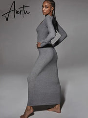 Aiertu Ribbed Solid Long Sleeve Square Neck Maxi Dress 2021 Fall Sexy Evening Party Elegant Vestido Kleider Mit Robe Aiertu