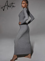 Aiertu Ribbed Solid Long Sleeve Square Neck Maxi Dress 2021 Fall Sexy Evening Party Elegant Vestido Kleider Mit Robe Aiertu