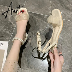 Aiertu Roman Thick Heel Sandals Female Summer New Fairy Style High Heel Mid-heel Lace Gentle Pearl Evening Shoes Sandals Women Aiertu