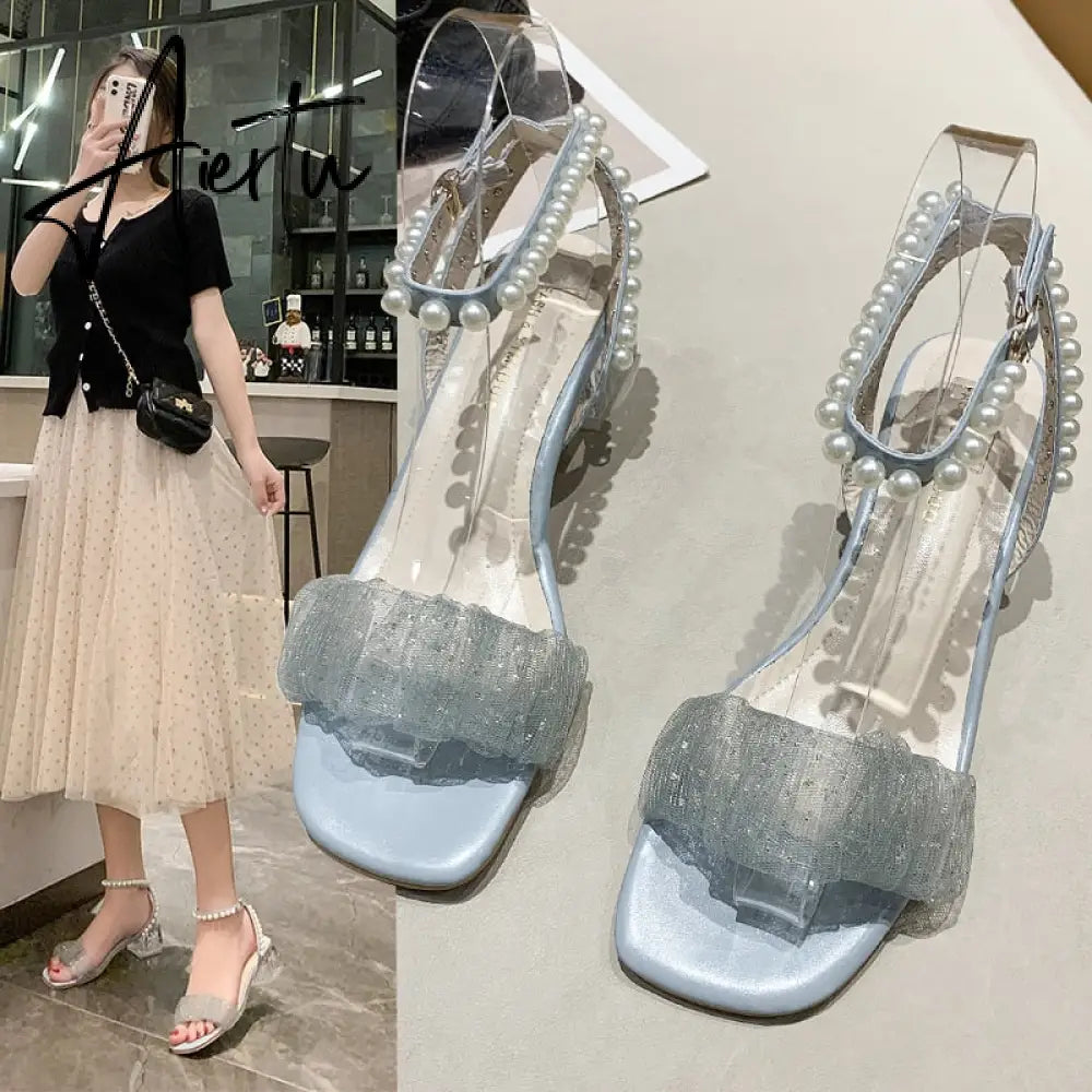 Aiertu Roman Thick Heel Sandals Female Summer New Fairy Style High Heel Mid-heel Lace Gentle Pearl Evening Shoes Sandals Women Aiertu