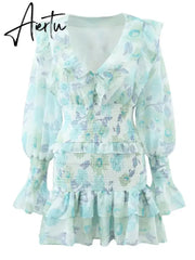 Aiertu Romantic Full Lantern Sleeve Flower Print Mini Dress Woman Spliced Wood ears Ruffles Hem Elastic Package Hips Holiday Robe Aiertu
