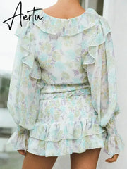 Aiertu Romantic Full Lantern Sleeve Flower Print Mini Dress Woman Spliced Wood ears Ruffles Hem Elastic Package Hips Holiday Robe Aiertu