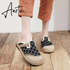 Aiertu Rope Sole Women Handmade Canvas Close Toe Slippers Bohemian Ladies Casual Mule Espadrilles Summer Comfortable Flat Shoes Aiertu