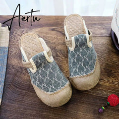 Aiertu Rope Sole Women Handmade Canvas Close Toe Slippers Bohemian Ladies Casual Mule Espadrilles Summer Comfortable Flat Shoes Aiertu