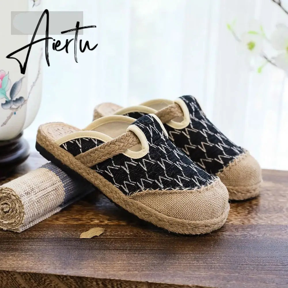 Aiertu Rope Sole Women Handmade Canvas Close Toe Slippers Bohemian Ladies Casual Mule Espadrilles Summer Comfortable Flat Shoes Aiertu