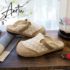 Aiertu Rope Sole Women Handmade Canvas Close Toe Slippers Bohemian Ladies Casual Mule Espadrilles Summer Comfortable Flat Shoes Aiertu