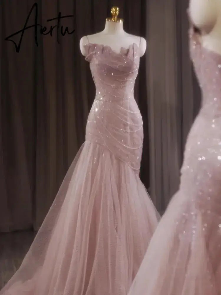 Aiertu Rose Pink Mermaid Evening Dresses Pleat Asymmetry Chain Shiny Sequined Long Slim Fairy French Celebrity Prom Party Gowns Woman Aiertu