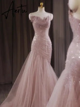 Aiertu Rose Pink Mermaid Evening Dresses Pleat Asymmetry Chain Shiny Sequined Long Slim Fairy French Celebrity Prom Party Gowns Woman Aiertu