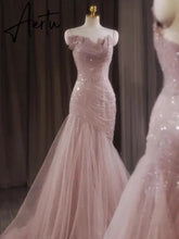 Aiertu Rose Pink Mermaid Evening Dresses Pleat Asymmetry Chain Shiny Sequined Long Slim Fairy French Celebrity Prom Party Gowns Woman Aiertu