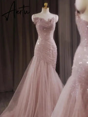 Aiertu Rose Pink Mermaid Evening Dresses Pleat Asymmetry Chain Shiny Sequined Long Slim Fairy French Celebrity Prom Party Gowns Woman Aiertu