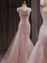 Aiertu Rose Pink Mermaid Evening Dresses Pleat Asymmetry Chain Shiny Sequined Long Slim Fairy French Celebrity Prom Party Gowns Woman Aiertu
