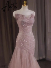 Aiertu Rose Pink Mermaid Evening Dresses Pleat Asymmetry Chain Shiny Sequined Long Slim Fairy French Celebrity Prom Party Gowns Woman Aiertu
