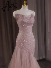 Aiertu Rose Pink Mermaid Evening Dresses Pleat Asymmetry Chain Shiny Sequined Long Slim Fairy French Celebrity Prom Party Gowns Woman Aiertu