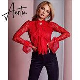Aiertu Ruffles Lace Blouse Korean Women Office Ladies Work Elegant Fashion Long Sleeve Chiffon Floral Print Tops Shirts Red Pink Aiertu