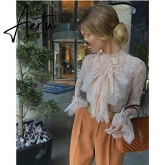 Aiertu Ruffles Lace Blouse Korean Women Office Ladies Work Elegant Fashion Long Sleeve Chiffon Floral Print Tops Shirts Red Pink Aiertu