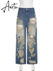 Aiertu Safari Style Hollow Out Ripped Jeans Casual Loose Mid-Waisted Wide Leg Pants Women Autumn Winter Fashion Streetwear Aiertu