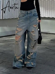 Aiertu Safari Style Hollow Out Ripped Jeans Casual Loose Mid-Waisted Wide Leg Pants Women Autumn Winter Fashion Streetwear Aiertu