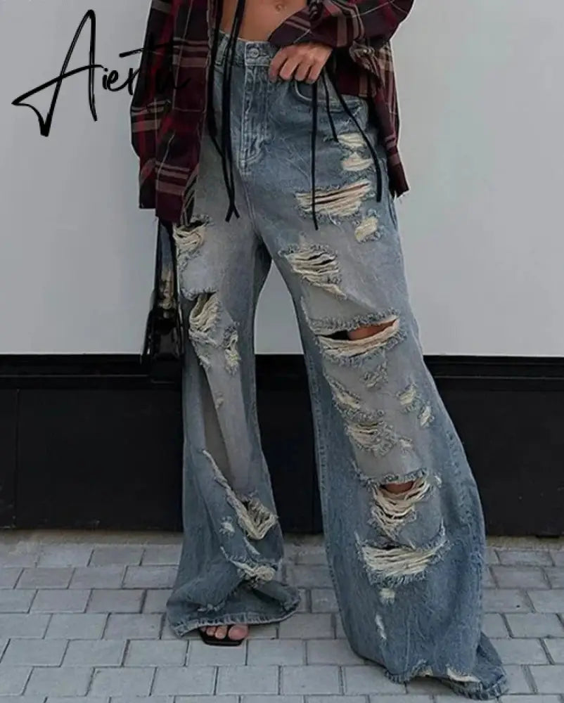 Aiertu Safari Style Hollow Out Ripped Jeans Casual Loose Mid-Waisted Wide Leg Pants Women Autumn Winter Fashion Streetwear Aiertu