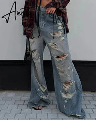 Aiertu Safari Style Hollow Out Ripped Jeans Casual Loose Mid-Waisted Wide Leg Pants Women Autumn Winter Fashion Streetwear Aiertu