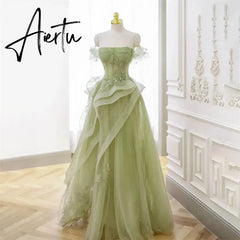 Aiertu Sage Green Prom Dress Appliques Tulle Celebrity Dresses Tiered Pleat Women's Evening Dress Sweetheart Formal Gown Aiertu