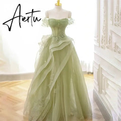 Aiertu Sage Green Prom Dress Appliques Tulle Celebrity Dresses Tiered Pleat Women's Evening Dress Sweetheart Formal Gown Aiertu
