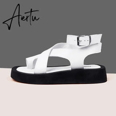 Aiertu Sandals Women Genuine Leather Summer New Clip Toe Sandals Ladies Roman Women Shoes Muffin Sandals Aiertu