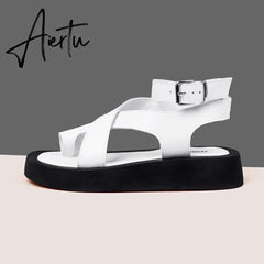 Aiertu Sandals Women Genuine Leather Summer New Clip Toe Sandals Ladies Roman Women Shoes Muffin Sandals Aiertu
