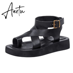 Aiertu Sandals Women Genuine Leather Summer New Clip Toe Sandals Ladies Roman Women Shoes Muffin Sandals Aiertu