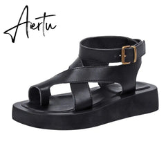 Aiertu Sandals Women Genuine Leather Summer New Clip Toe Sandals Ladies Roman Women Shoes Muffin Sandals Aiertu