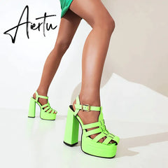 Aiertu Sandals Women Summer Platform High Heels Weaved PU Leather Buckle Strap Black Red Women Pump Shoes sandalias mujer verano Aiertu