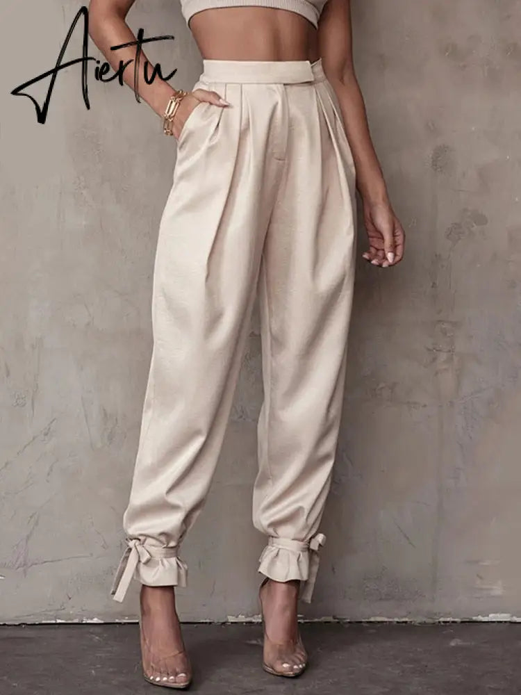Aiertu Satin Lace Up High Waist Harem Pants Zipper Women Autumn Pleated Loose Pockets Long Trousers Casual Office Ladies Pant Aiertu
