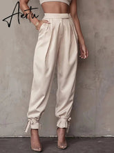 Aiertu Satin Lace Up High Waist Harem Pants Zipper Women Autumn Pleated Loose Pockets Long Trousers Casual Office Ladies Pant Aiertu