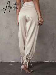 Aiertu Satin Lace Up High Waist Harem Pants Zipper Women Autumn Pleated Loose Pockets Long Trousers Casual Office Ladies Pant Aiertu