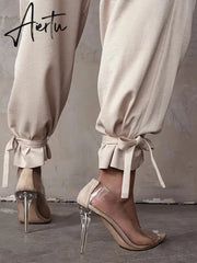 Aiertu Satin Lace Up High Waist Harem Pants Zipper Women Autumn Pleated Loose Pockets Long Trousers Casual Office Ladies Pant Aiertu