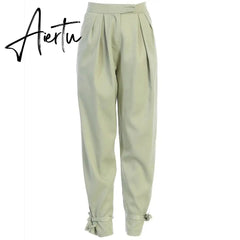 Aiertu Satin Lace Up High Waist Harem Pants Zipper Women Autumn Pleated Loose Pockets Long Trousers Casual Office Ladies Pant Aiertu