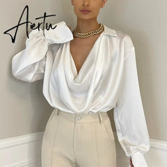 Aiertu Satin Sexy V Neck Office Women Blouses White Long Sleeve Solid Casual Blouses Women Spring Summer Loose Female Party Top Aiertu