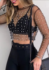 Aiertu See Through Diamond Beads Mesh Women Tops Black Long Sleeve Round Neck Short Tops Women Spring Skinny Fashion Streetwear Aiertu