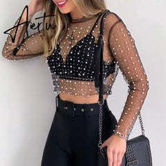 Aiertu See Through Diamond Beads Mesh Women Tops Black Long Sleeve Round Neck Short Tops Women Spring Skinny Fashion Streetwear Aiertu