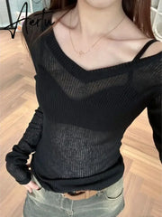Aiertu See Through V Neck Grunge Women T-shirt Casual Vintage Slim Knitted Tshirts Long Sleeve Y2k Aesthetic Fashion Tshirts Japanese Aiertu